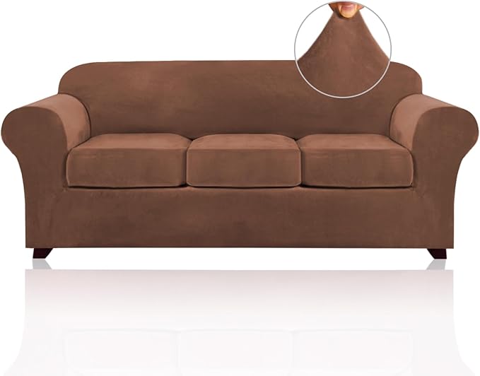 PrinceDeco Velvet Couch Covers for Sofa Soft 4 Pieces Couch Covers for 3 Cushion Couch Sofa Pet Friendly Furniture Protector with Non Slip Elastic Bottom Width Up to 90 Inch (Large, Caramel)