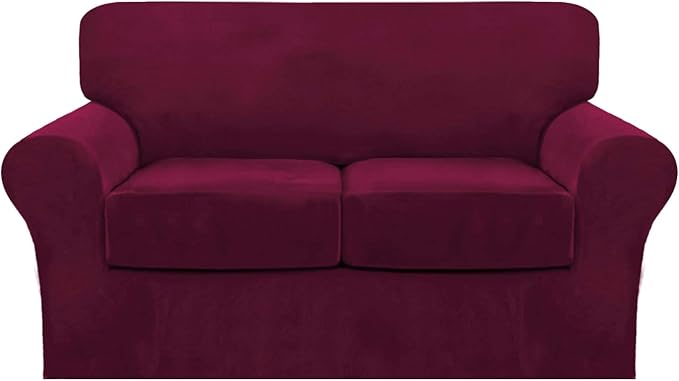 FantasDecor 3 Piece Sofa Covers Velvet for 2 Cushion Couch Stretch Loveseat Slipcover with Individual Seat Elastic Furniture Protector for Pets (Loveseat,Burgundy)
