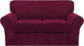 FantasDecor 3 Piece Sofa Covers Velvet for 2 Cushion Couch Stretch Loveseat Slipcover with Individual Seat Elastic Furniture Protector for Pets (Loveseat,Burgundy)
