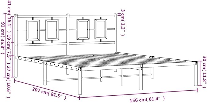 vidaXL Elegant White Steel Double Bed Frame - Powder-Coated Metal with Headboard, Metal Slats & Under-Bed Storage Space - Bedroom Furniture (59.1"x78.7")