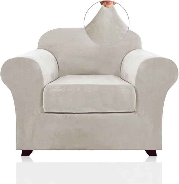 PrinceDeco Velvet Plush Couch Cover Stretch 2 Piece Chair Cover Chair Slipcover Washable Furniture Protector Couch Soft with Elastic Bottom Armchair Cover Width Up to 49 Inch(Small, Oatmeal)