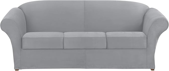 SureFit Ultimate Stretch Suede Four Piece Sofa Slipcover | Form-Fitting | Individual Cushion Covers | Machine Washable Sofa/Box Cushion/Light Gray