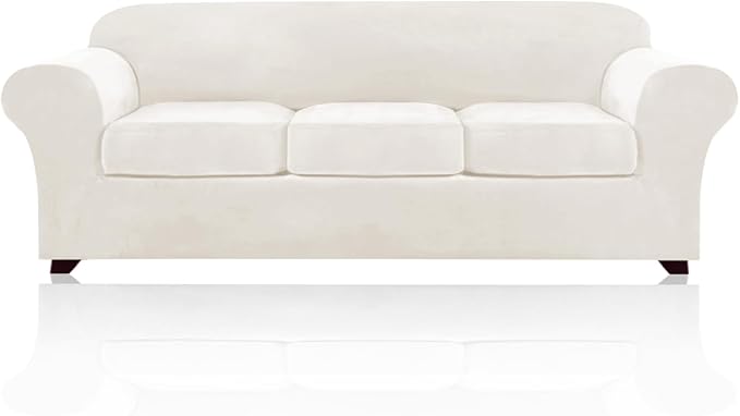 PrinceDeco Velvet XL Couch Cover for Oversized Sofa 4 Piece Sofa Covers for 3 Cushion Couch Washable Furniture Protector with Non Slip Elastic Bottom Width Up to 105 Inch(X-Large, Porcelain)