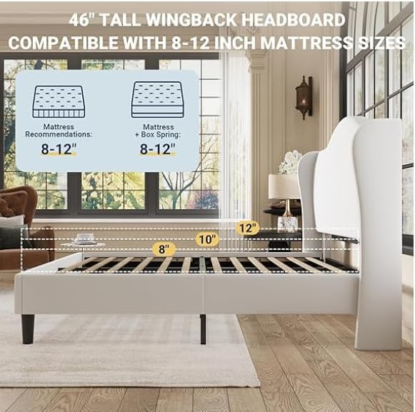 Allewie Velvet Platform Queen Bed Frame with Wingback and 47" Tall Tufted Headboard, Modern Minimalist Design, No Box Spring Required, Tool-Free Assembly, White