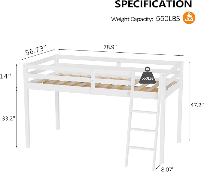 VINGLI Junior Low Loft Bed with Stairs, White Wood Loft Bed Full Size for Adults, Kids and Young Teens, No Box Spring Required,Wood Slat Support