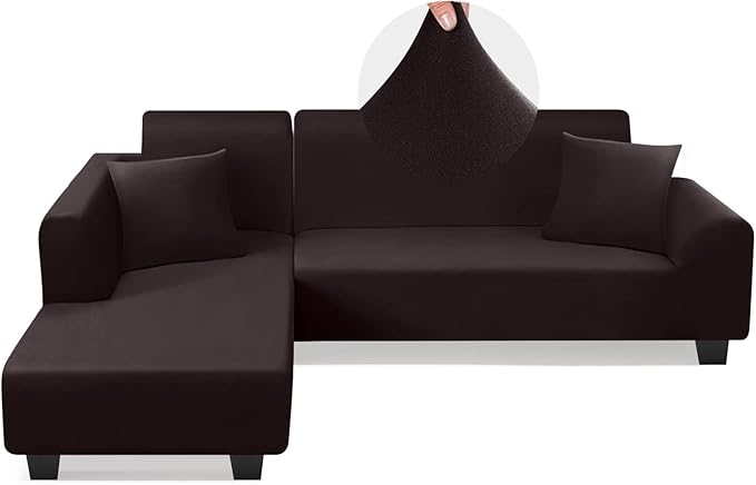 KinCam Sectional Couch Covers L Shape Sofa Covers Super Stretch 2pcs Sofa Slipcovers for 3 + 3 Seaters Sectional Chaise Slipcover with 2pcs Pillow Covers for Pets Kids, Brown