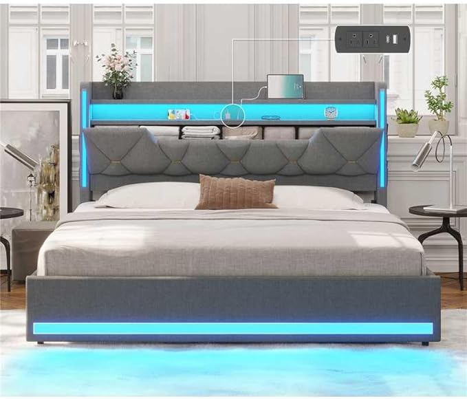 busyaeh Queen Bed Frame with Storage Headboard, Metal Bed Frame with LED Lights & Charging Station, Upholstered Queen Bed with Marshmallow Headboard, No Box Spring Needed, Easy Assembly，Dark Gray