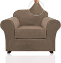 PrinceDeco Velvet Plush Couch Cover Stretch 2 Piece Chair Cover Chair Slipcover Washable Furniture Protector Couch Soft with Elastic Bottom Armchair Cover Width Up to 49 Inch(Small, Mocha)