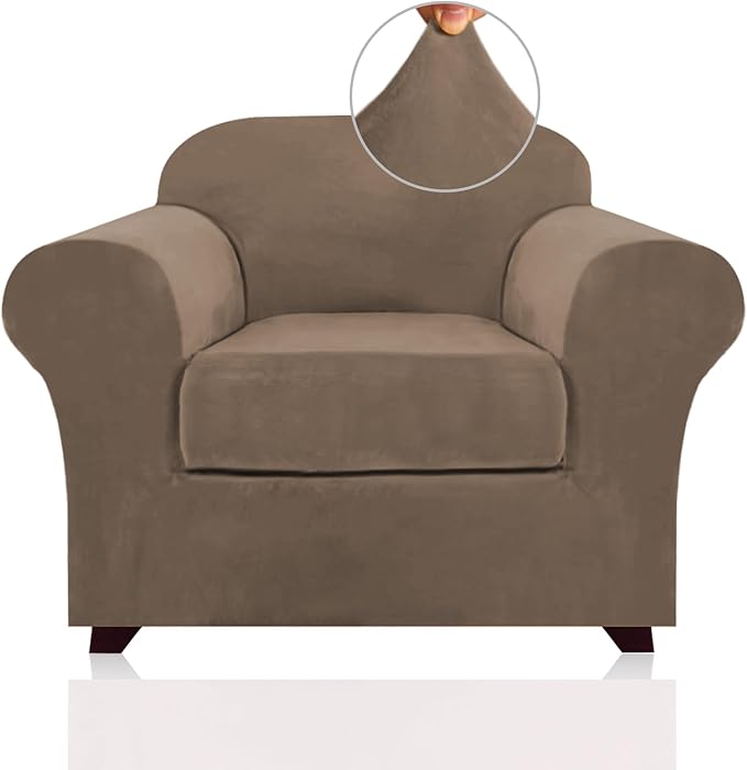 PrinceDeco Velvet Plush Couch Cover Stretch 2 Piece Chair Cover Chair Slipcover Washable Furniture Protector Couch Soft with Elastic Bottom Armchair Cover Width Up to 49 Inch(Small, Mocha)