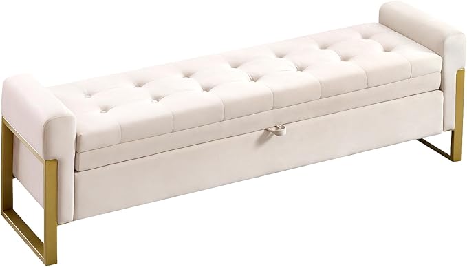 67" End of Bed Storage Bench King Size, Bench for Bedroom Foot of Bed, Upholstered Velvet Storage Ottoman with Gold Legs for Window Living Room, Beige