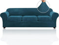 PrinceDeco Velvet Couch Covers for Sofa Soft 4 Pieces Couch Covers for 3 Cushion Couch Sofa Pet Friendly Furniture Protector with Non Slip Elastic Bottom Width Up to 97 Inch (Large Sofas, Deep Teal)