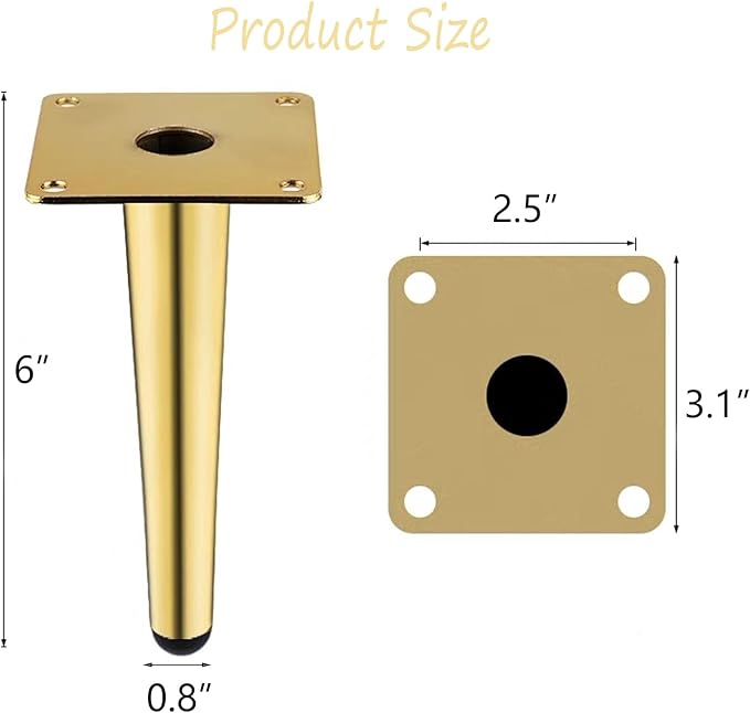 Gold Metal Furniture Legs Heavy Duty Straight Furniture Feet DIY Modern Replacement Legs for Cabinet Sofa Couch Chair-Set of 4 (Gold, 6")