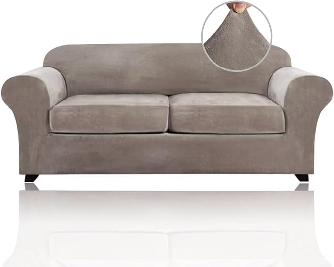 PrinceDeco Couch Cover Velvet Plush Sofa Covers for 2 Cushion Couch Width Up to 90 Inch Washable Furniture Protector Pet Friendly No Slip Sofa Slipcover(Medium-Large,Taupe)