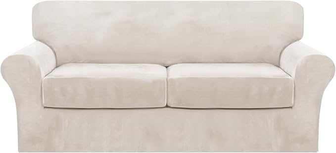 FantasDecor 3 Piece Sofa Covers Velvet for 2 Cushion Couch Stretch Loveseat Slipcover with Individual Seat Elastic Furniture Protector for Pets (Sofa, Ivory)