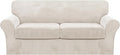 FantasDecor 3 Piece Sofa Covers Velvet for 2 Cushion Couch Stretch Loveseat Slipcover with Individual Seat Elastic Furniture Protector for Pets (Sofa, Ivory)