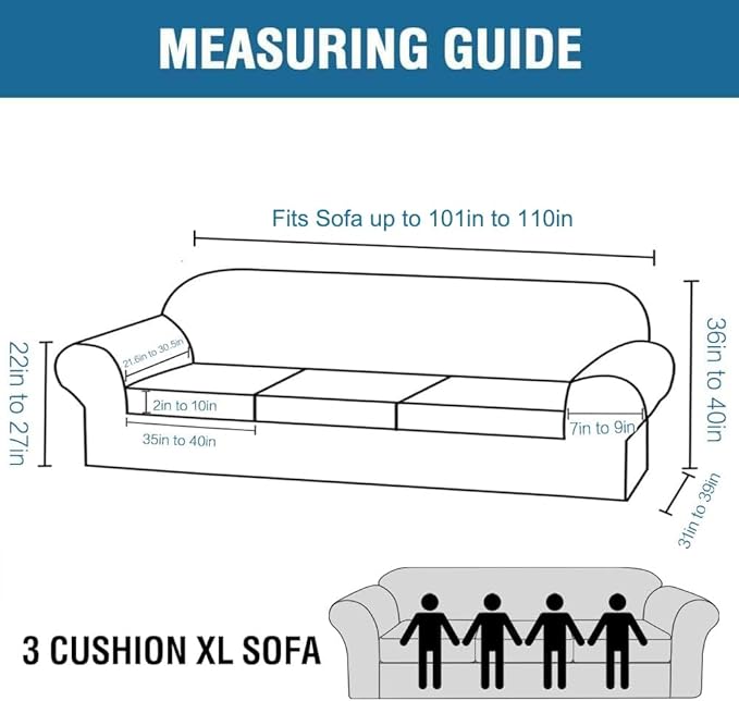 H.VERSAILTEX 4 Piece Stretch Sofa Covers for 3 Cushion Couch Covers for Living Room Furniture Slipcovers (Base Cover Plus 3 Seat Cushion Covers) Upgraded Thicker Jacquard Fabric (XL Sofa, Dusty Blue)