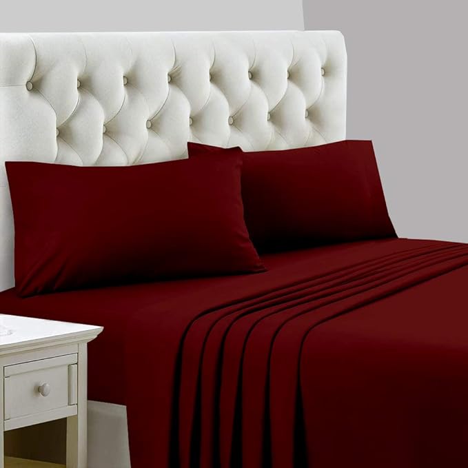 Ready To Rest Queen Waterbed Sheets, 4 Piece Attached Sheet Set, Fits 12 Inch Deep Mattress, Brushed Microfiber, Ultra Soft and Lightweight (Burgundy)