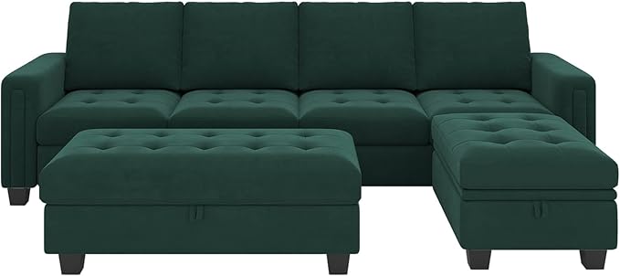 Belffin Velvet Convertible 4-Seat Sectional Sofa with Reversible Chaise L Shaped Sofa Couch Furniture Sets Sectional Couch with Storage Ottoman Green