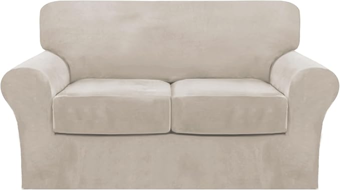 FantasDecor 3 Piece Sofa Covers Velvet for 2 Cushion Couch Stretch Loveseat Slipcover with Individual Seat Elastic Furniture Protector for Pets (Loveseat,French Oak)