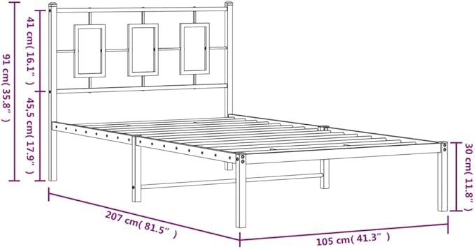 vidaXL Metal Bed Frame with Headboard, Single Bed Base Furniture, Bed Platform for Bedroom, Guest Bed, Modern Style, Black 39.4"x78.7"