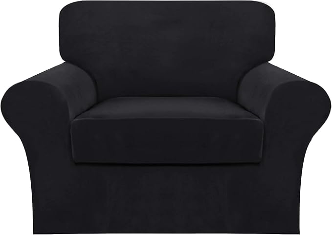 FantasDecor 2 Piece Chair Sofa Covers Velvet for Living Room Slipcovers with Individual Cushion Elastic Furniture Protector for Pets, Machine Washable (Armchair, Black)