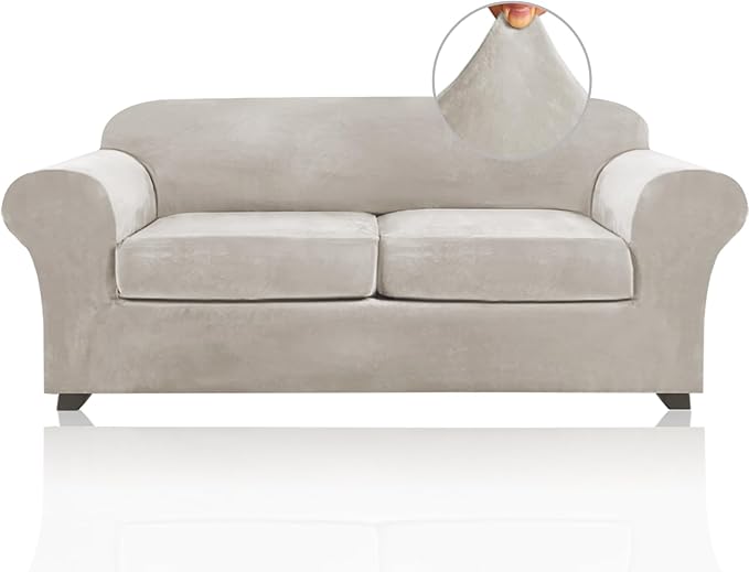 PrinceDeco Couch Cover Velvet Plush Sofa Covers for 2 Cushion Couch Width Up to 90 Inch Washable Furniture Protector Pet Friendly No Slip Sofa Slipcover(Medium-Large, Oatmeal)