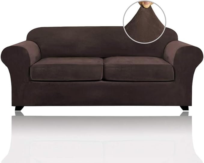 PrinceDeco Couch Cover Velvet Plush Sofa Covers for 2 Cushion Couch Width Up to 90 Inch Washable Furniture Protector Pet Friendly No Slip Sofa Slipcover(Medium-Large, Brown)