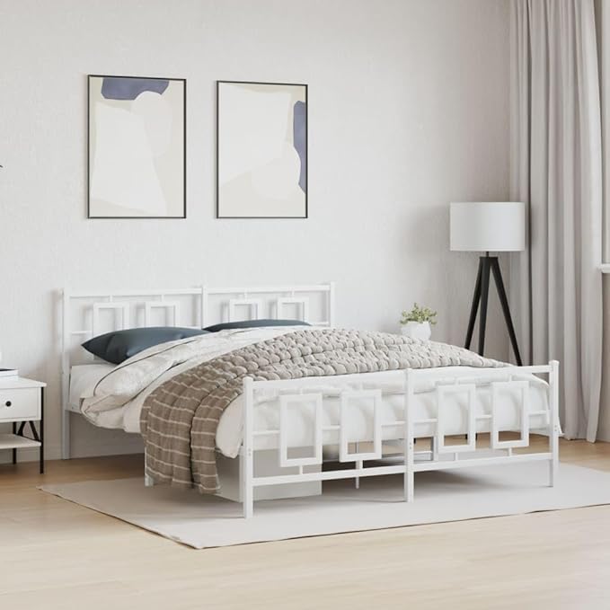 vidaXL Bed Frame White Powder-Coated Steel King Bed Frame Rectangular