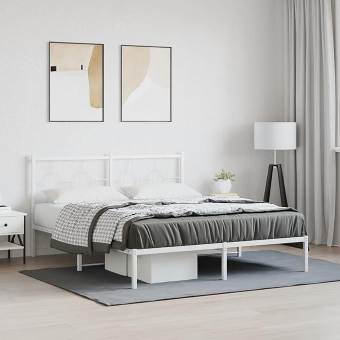 vidaXL White Steel Double Bed Frame with Headboard - Elegant Metal Slats Design (59.1"x78.7") for Modern Bedroom