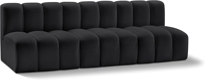 Meridian Furniture 101Black-S3F Arc Collection Modern | Contemporary Modular Sofa with Soft Black Vegan Leather, Deep Channel Tufting, Modular Design, 89.5" W x 31" D x 30" H, Black