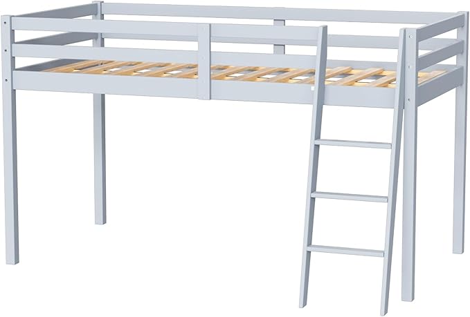 VINGLI 47'' Tall Junior Low Loft Bed with Stairs, Wood Loft Bed Twin Size for Adults, Kids and Young Teens, No Box Spring Required,Wood Slat Support, Gray