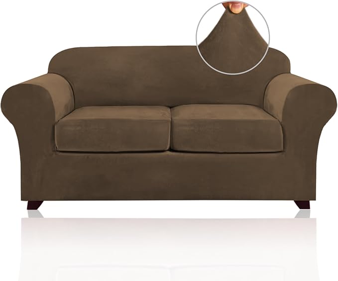 PrinceDeco Velvet Couch Cover Loveseat Covers for 2 Cushion Couch 3 Piece Sofa Covers for Dogs Washable Loveseat Covers Width Up to 72 Inch No Slip Stretch Sofa Slipcover(Medium, Bronze Brown)