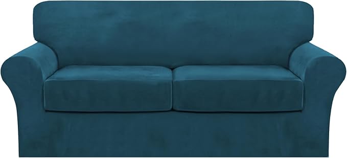 FantasDecor 3 Piece Sofa Covers Velvet for 2 Cushion Couch Stretch Loveseat Slipcover with Individual Seat Elastic Furniture Protector for Pets (Sofa, Deep Teal)