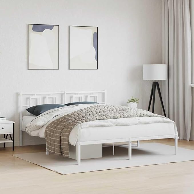 vidaXL Elegant White Steel Double Bed Frame - Powder-Coated Metal with Headboard, Metal Slats & Under-Bed Storage Space - Bedroom Furniture (59.1"x78.7")
