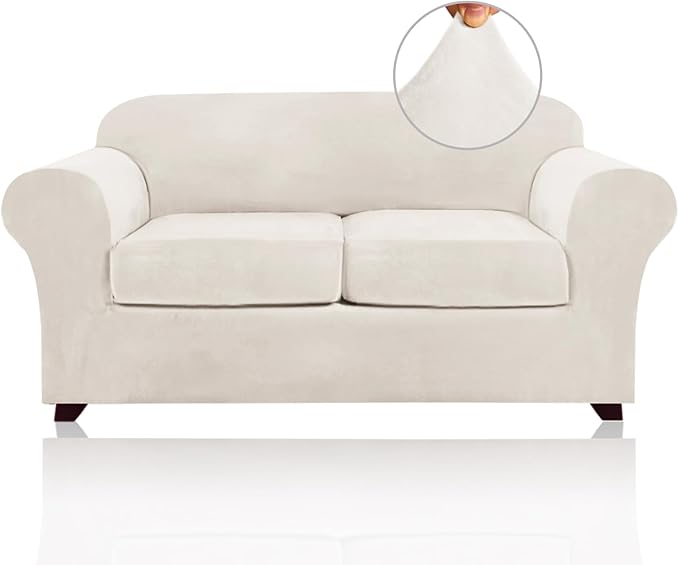 PrinceDeco Velvet Couch Cover Loveseat Covers for 2 Cushion Couch 3 Piece Sofa Covers for Dogs Washable Loveseat Covers Width Up to 72 Inch No Slip Stretch Sofa Slipcover(Medium, Cream)