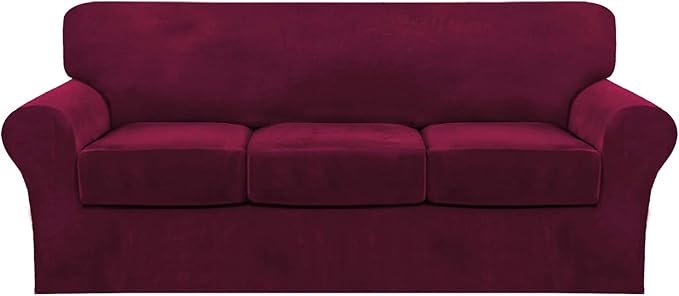 FantasDecor 4 Piece Sofa Velvet Couch Covers for 3 Cushion Stretch Slipcover with Individual Seat Cushion Elastic Furniture Protector for Pets, Machine Washable (Sofa, Burgundy)