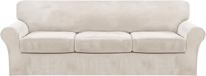 FantasDecor 4 Piece Sofa Velvet Couch Covers for 3 Cushion Stretch Slipcover with Individual Seat Cushion Elastic Furniture Protector for Pets, Machine Washable (Large Sofa, Ivory)
