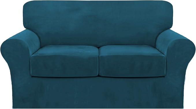 FantasDecor 3 Piece Sofa Covers Velvet for 2 Cushion Couch Stretch Loveseat Slipcover with Individual Seat Elastic Furniture Protector for Pets (Loveseat, Deep Teal)