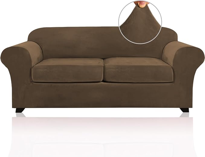 PrinceDeco Couch Cover Velvet Plush Sofa Covers for 2 Cushion Couch Width Up to 90 Inch Washable Furniture Protector Pet Friendly No Slip Sofa Slipcover(Medium-Large, Bronze Brown)