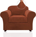 PrinceDeco Velvet Plush Couch Cover Stretch 2 Piece Chair Cover Chair Slipcover Washable Furniture Protector Couch Soft with Elastic Bottom Armchair Cover Width Up to 49 Inch(Small, Rust)