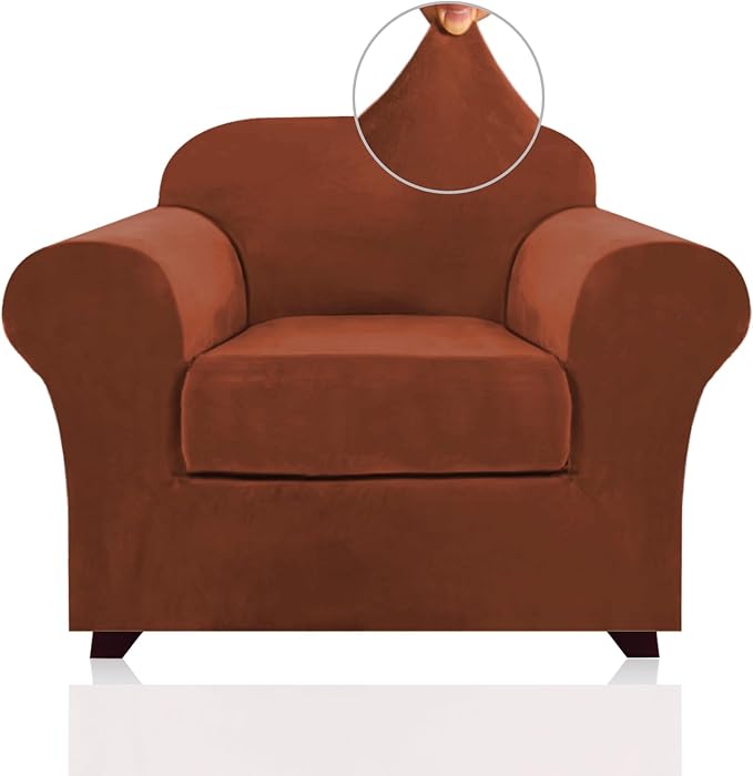 PrinceDeco Velvet Plush Couch Cover Stretch 2 Piece Chair Cover Chair Slipcover Washable Furniture Protector Couch Soft with Elastic Bottom Armchair Cover Width Up to 49 Inch(Small, Rust)