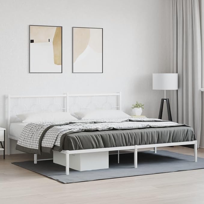 vidaXL White Metal King Bed Frame with Elegant Headboard - 76"x79.9" Industrial Steel Construction, Breathable Slats, Added Bedroom Storage