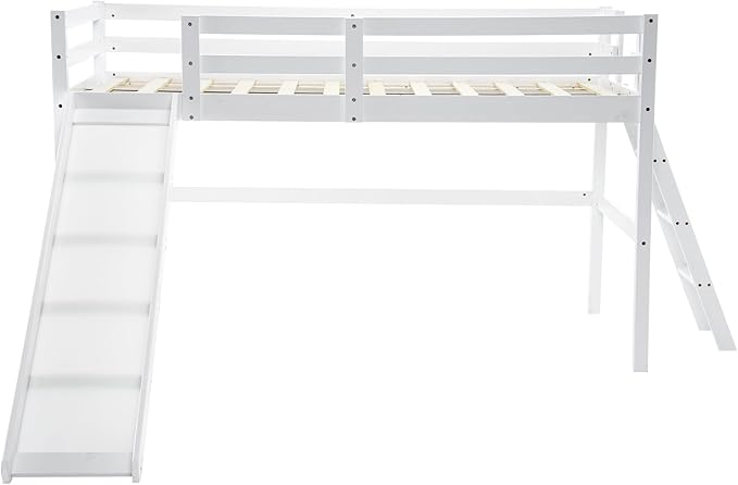 VINGLI Loft Bed with Slide, Twin Space Saving Kids Low Loft with Guardrail and Ladder, Pine Wood and Sturdy Single Bed Frame for Boys and Girls, White