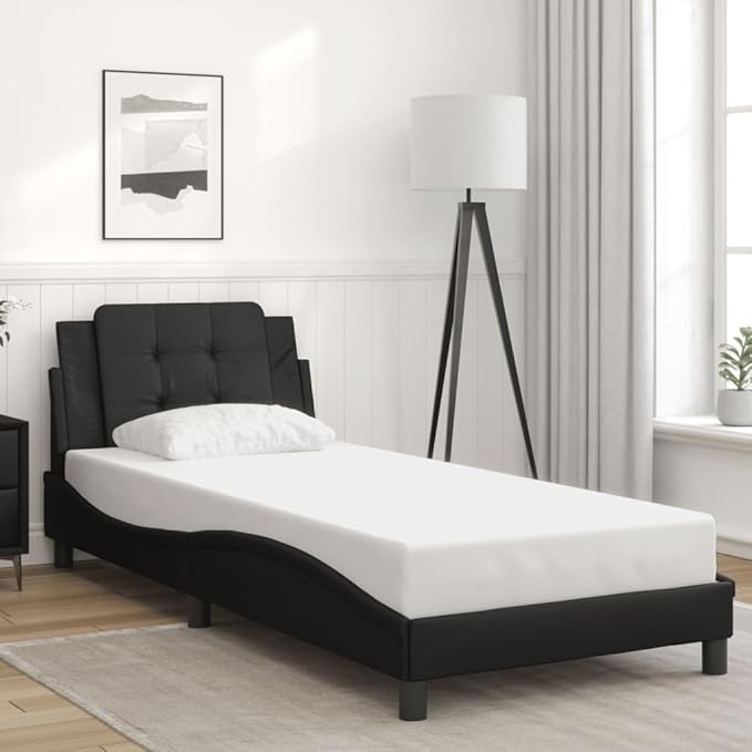 Single Bed Frame Black Faux Leather Upholstered Platform Bed with Headboard Modern Durable Design for Bedroom Guest Room 41.3 x 81.9 x 29.3 Inches