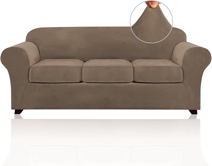 PrinceDeco Velvet Couch Covers for Sofa Soft 4 Pieces Couch Covers for 3 Cushion Couch Sofa Pet Friendly Furniture Protector with Non Slip Elastic Bottom Width Up to 90 Inch (Large, Mocha)