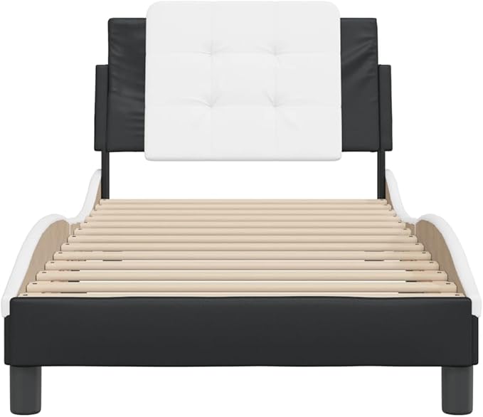 Modern Faux Leather Platform Bed Frame, Black and White, with Cushioned Headboard for Bedroom Furniture Assembly