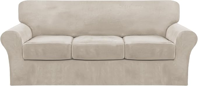 FantasDecor 4 Piece Sofa Velvet Couch Covers for 3 Cushion Stretch Slipcover with Individual Seat Cushion Elastic Furniture Protector for Pets, Machine Washable (Sofa, French Oak)