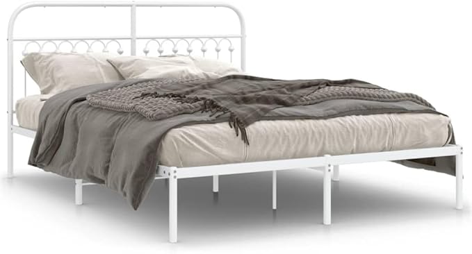 King Size Metal Bed Frame with Headboard, White Powder-Coated Steel Platform Bed Frame for Modern Bedroom, Heavy Duty Support up to 550 lbs, Easy Assembly and
