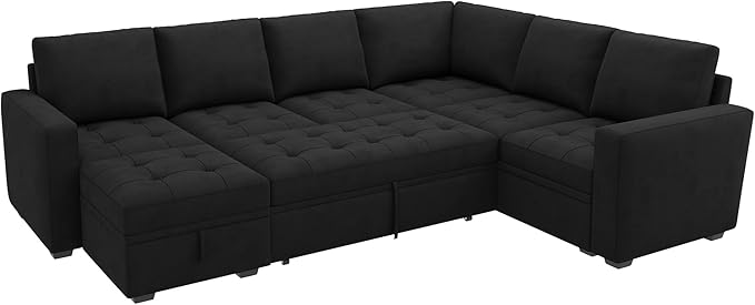 HONBAY Modular Sectional Sleeper Sofa with Pull Out Bed, Velvet Convertible L Shaped Couch with Storage Seat, Sectional Couches for Living Room, Black