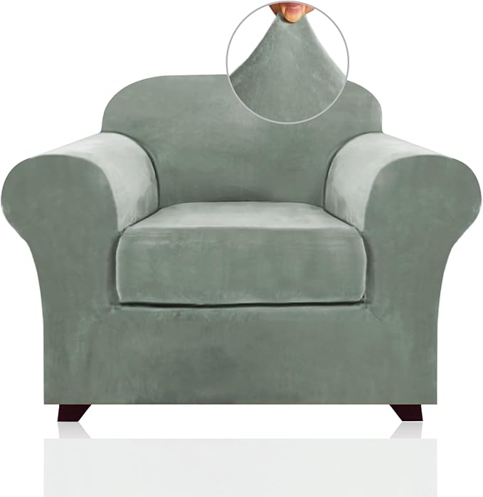 PrinceDeco Velvet Plush Couch Cover Stretch 2 Piece Chair Cover Chair Slipcover Washable Furniture Protector Couch Soft with Elastic Bottom Armchair Cover Width Up to 49 Inch(Small, Seagrass)